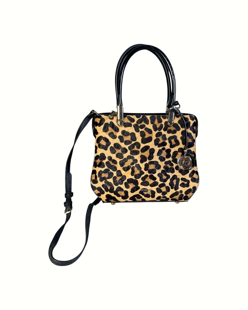 Dune London Leopard Print Calf Hair & Black Leather Handbag W/ Dual Top Handles